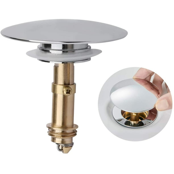 Drenaje de latón con núcleo emergente de superficie redonda grande, tapón de drenaje para fregadero tipo empuje, tapón emergente para fregadero de cocina, baño, bañera, latón macizo cromado