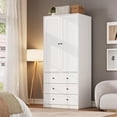 thumbnail image 4 of Soonbuy Wardrobe Closet with Drawers, 69.5" Wooden Wardrobe Cabinet with Hanging Rod, 2 Doors Clothing Storage Cabinet for Bedroom, Large Capacity Storage, Louvered Door, 4 of 9