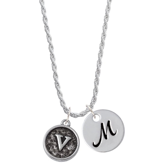 Delight Jewelry Silvertone Antiqued Round Seal - Initial - V - Silvertone Script Initial Disc - M - Charm Necklace, 20"+3"