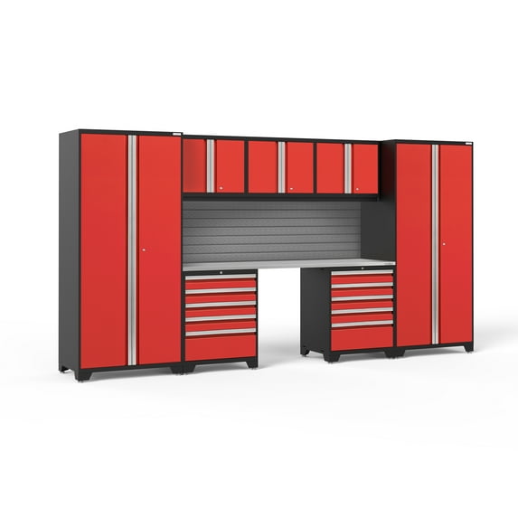 NewAge Products Pro Series Red 8 Piece Cabinet Set, Heavy Duty 18-Gauge Steel Garage Storage System, Slatwall Included