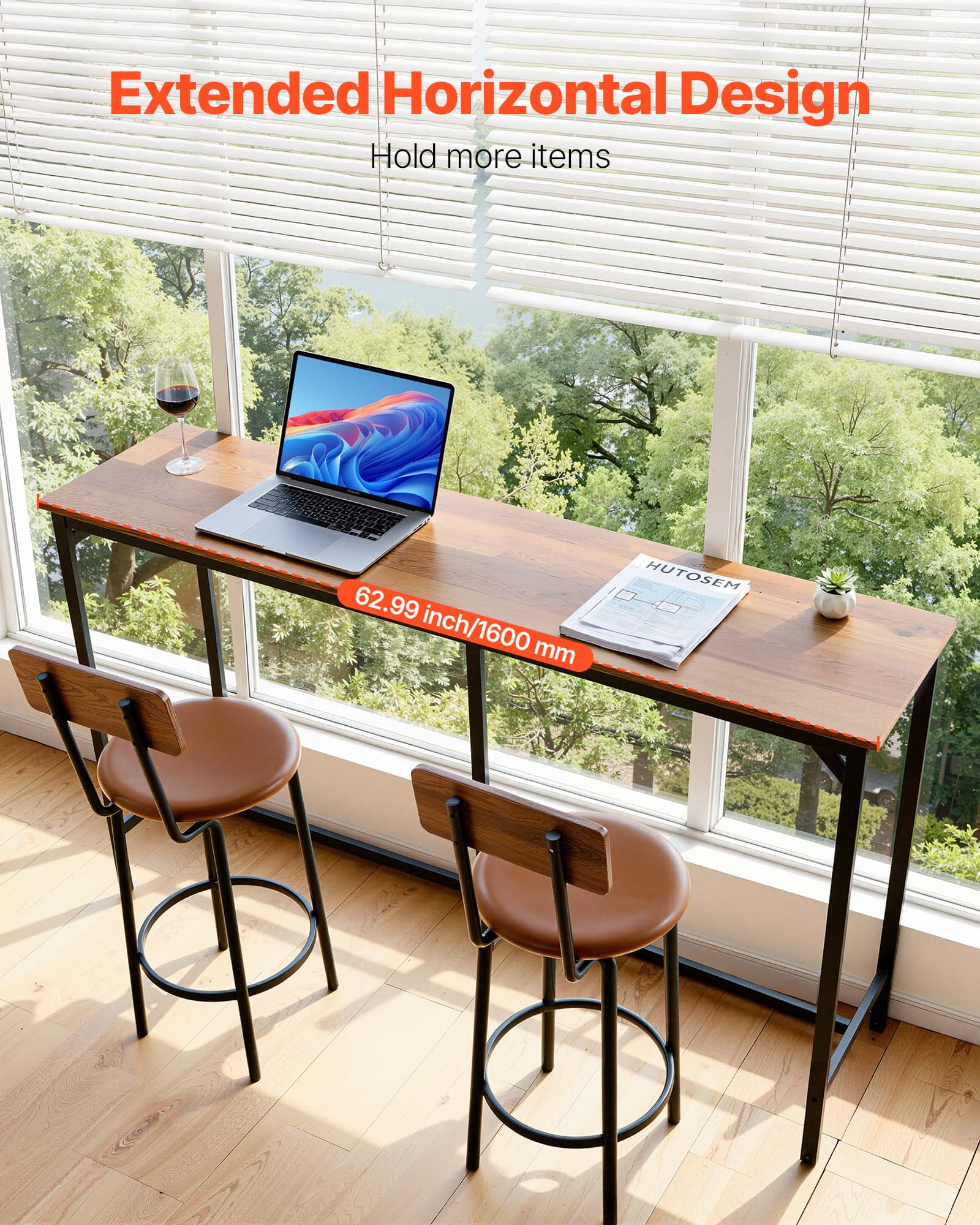 VEVOR Bar Table, 1PCS 63″ Kitchen Bar Table, Tall Dining Tables with Rounded Edge, Rectangular High Top Kitchen Tables for Balcony, Living Room, Light Brown, Black, Extended Horizontal Design