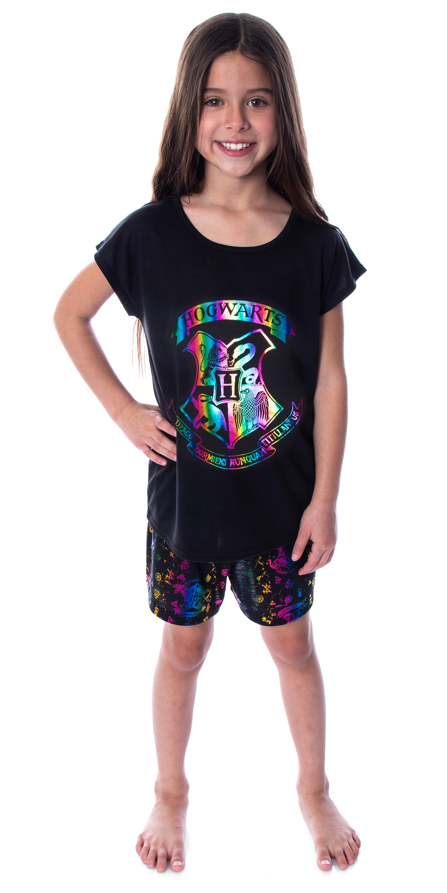 Harry Potter Pajamas Girls Hogwarts Rainbow Hologram Sleep Shirt Short Set Gryffindor, Hufflepuff, Slytherin, Ravenclaw