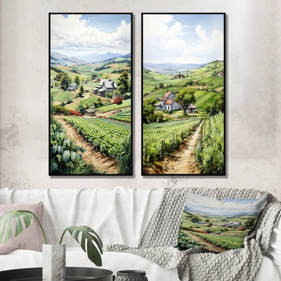 Designart "Farmhouse Country Charm II" Farm Framed Wall Art Set Of 2 - Green Landscapes Framed Canvas Set For Living Room Decor