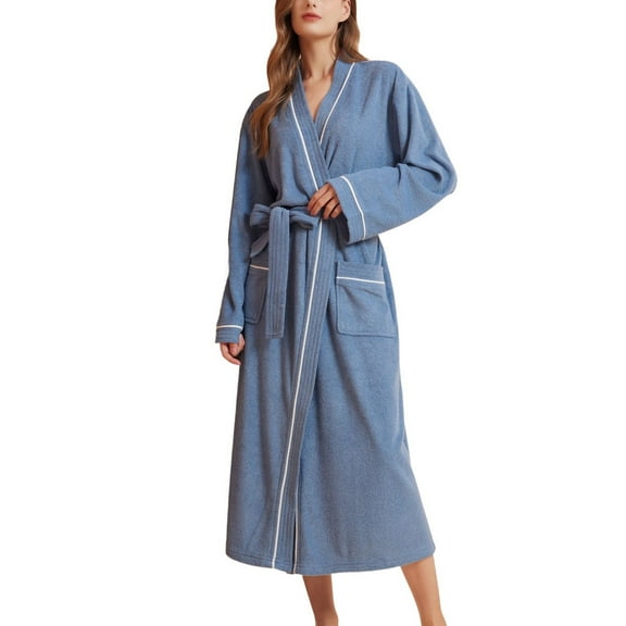 SWSMCLT Women's Long Sleeve Robe Bath Soft Oversized Terry Cloth Bathrobe Pajamas Long Winter Absorbent Blue Small