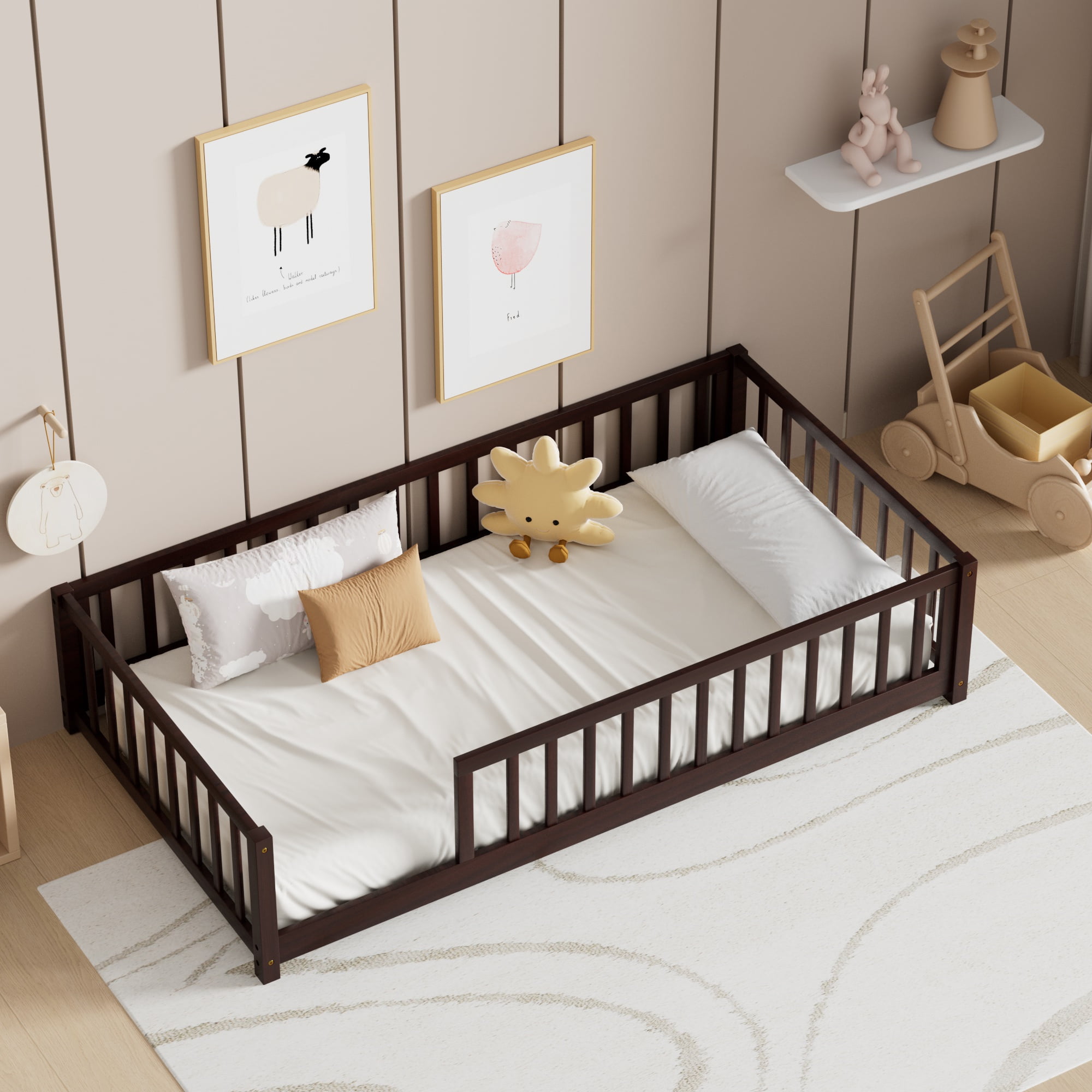 Twin Floor Bed, Wooden Montessori Bed Frame with Fence, Floor Platform Bed with Slats Support, Montessori Floor Bed for Toddlers Boy Girls, Espresso