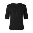 thumbnail image 3 of Women's Summer Sweater Short Sleeve V-Neck Breathable Cotton Pullover Soft Lightweight Knit Blouse Black M, 3 of 4