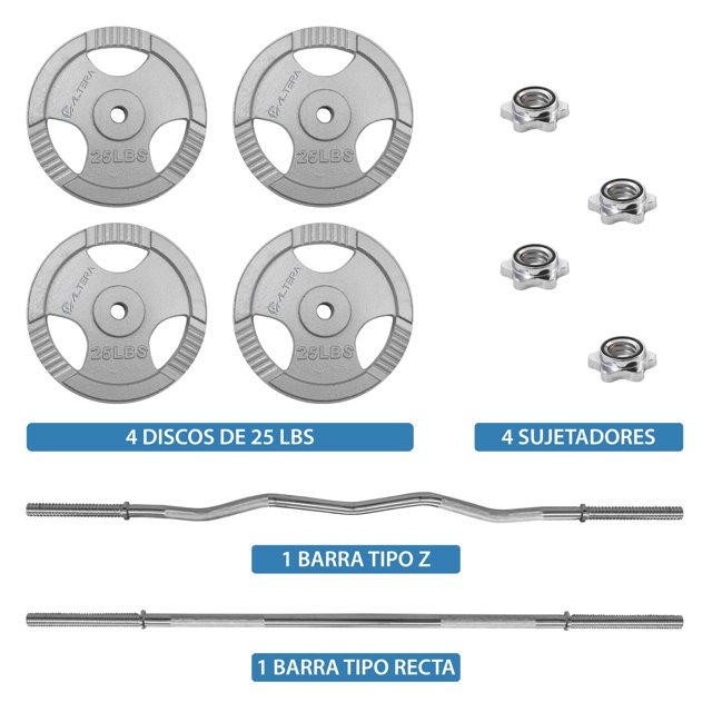 Kit de Pesas Ajustables Altera Combo No.79 Set de Ejercicio Pesas Barra Recta Z 4 Discos de 25lbs 100Lbs
