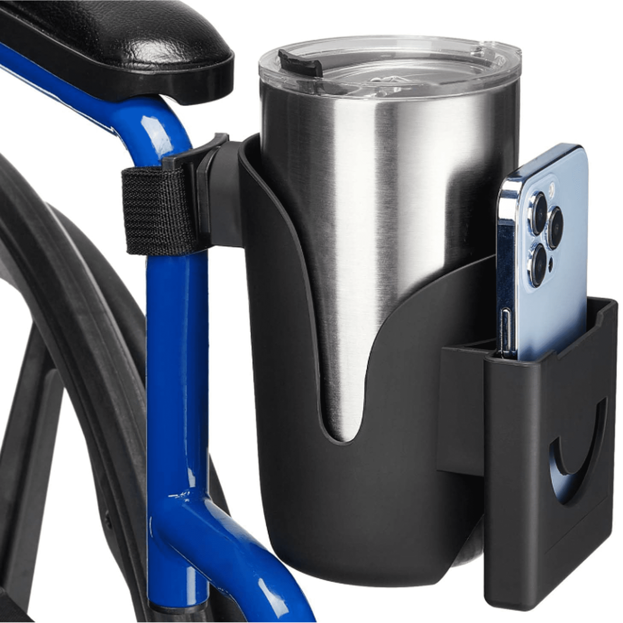 Wheelchair cup holder, 2-in-1 water bottle holder and phone holder, mobility aid, roller coaster, baby stroller, scooter universal beverage cup holder