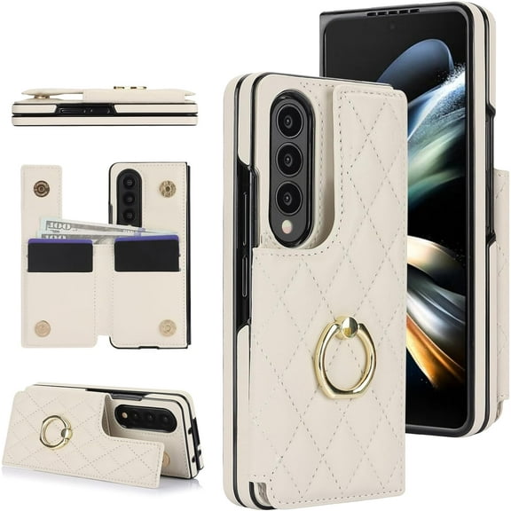 Phone Case for Samsung Galaxy Z Fold 4 5G 2022 Wallet Cell Cover with Slim Ring Stand Credit Card Holder Slot ZFold4 Z4 Fold4 4Z ZFold45G Girl Women Men White