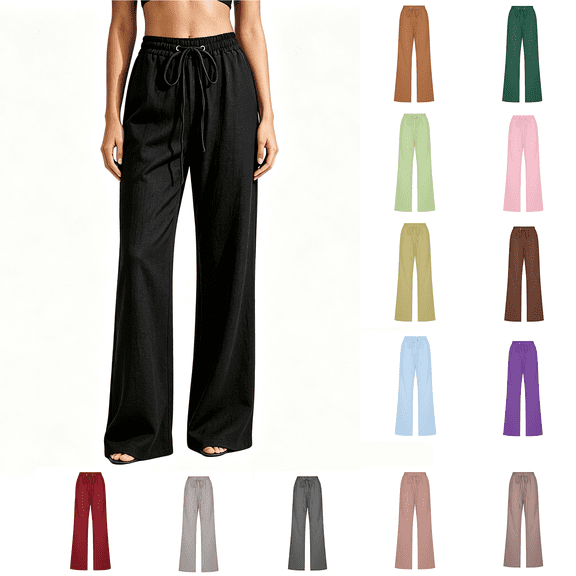 Lzobxe Linen Pants Women Straight Slim Leg Trouser Style Lounge with Drawstring Elastic High Waist Pull,Sizes S-3XL
