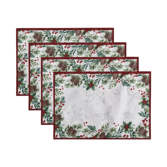 Elrene Home Fashions Holly Berry Flourish Holiday Fabric Placemat, Set of 4, Multi, 13" x 19"