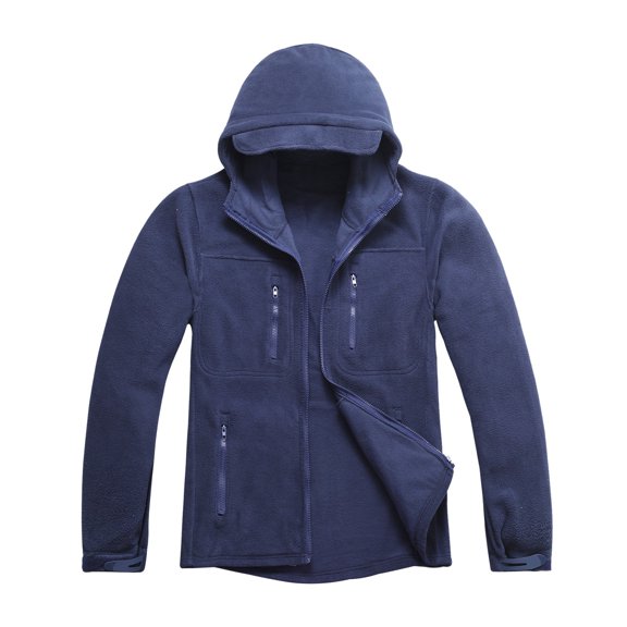 Mens Fleece Jacket Hooded Full Zip Fall Winter Warm Jacket Solid Color Loose Casual Fleece Long Sleeve Outdoor Jackets with Pockets