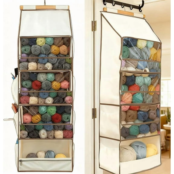 Yarn Storage Bag Organizer – Hanging Crochet & Knitting Supply Bag with 4 Clear Zippered Compartments, 3 Side Tool Pockets, Large Capacity(1pcs-Beige)