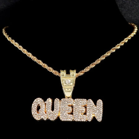 Men Women Hip Hop King Queen Letter Pendant Necklace Iced Out Crystal ...
