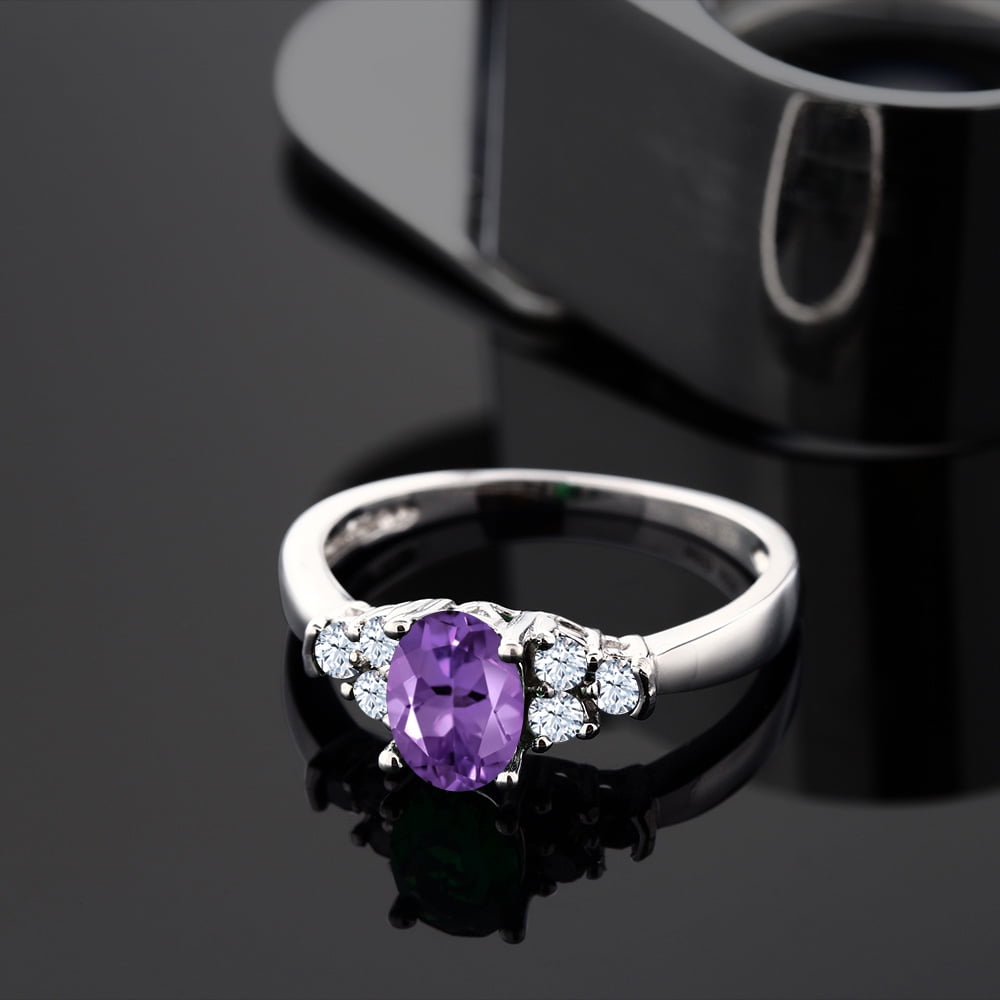 Gem Stone King 925 Sterling Silver Purple Amethyst and White Topaz Engagement Ring for Women (0.69 Cttw, Oval 6X4MM, Gemstone Birthstone, Available in Size 5, 6, 7, 8, 9)