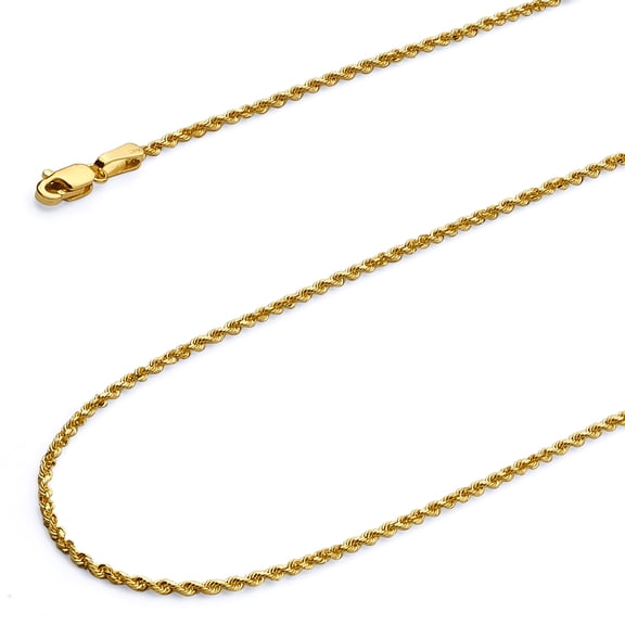 Wellingsale 14k Yellow Gold Polished Solid 2mm Diamond Cut Solid Rope Chain Necklace with Lobster Claw Clasp - 22"