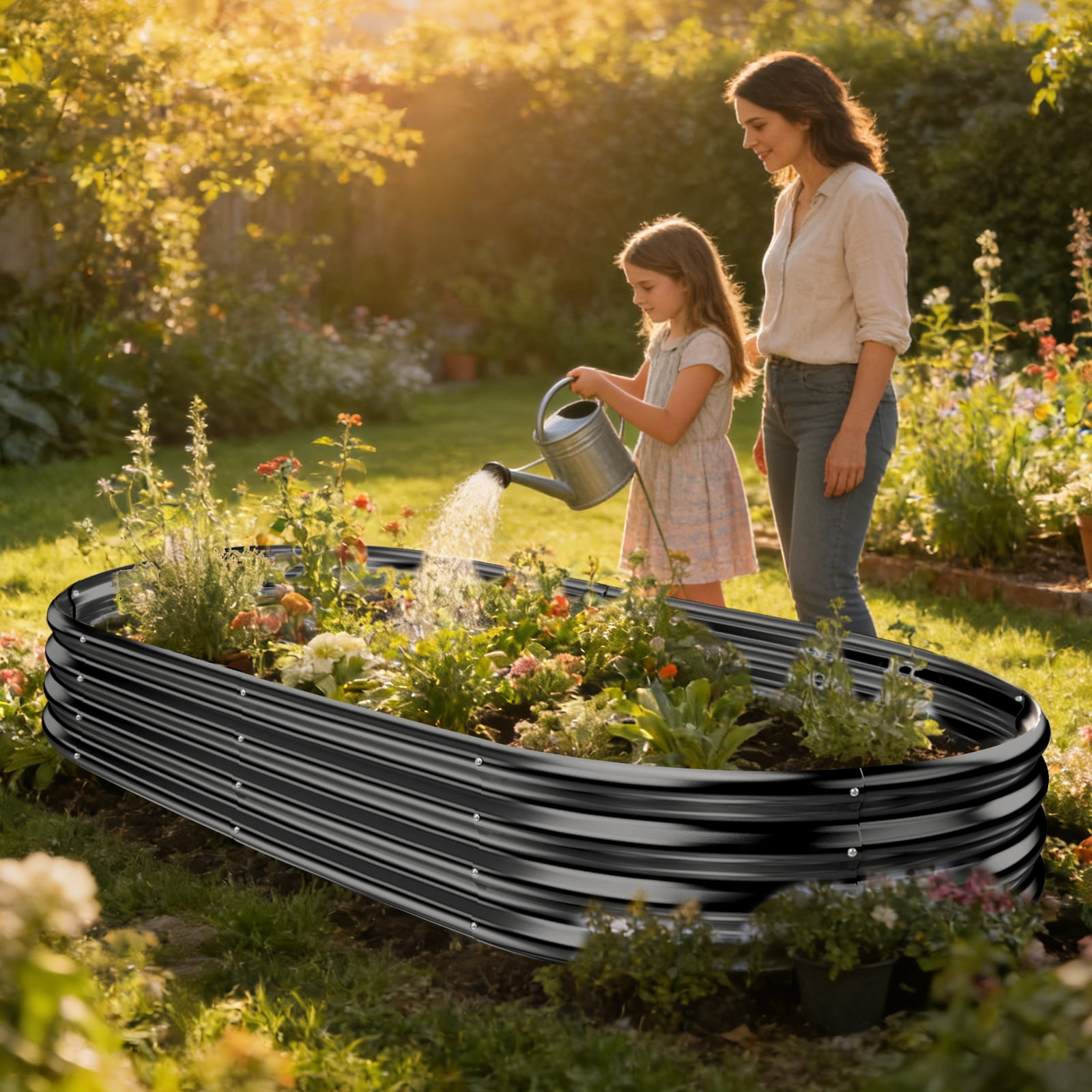 Land Guard 3 pack 8×4×1 ft Raised Garden Bed，Outdoor Galvanized Planter Boxes, Oval Large Metal Raised Garden Beds for Vegetables (Deep Grey)