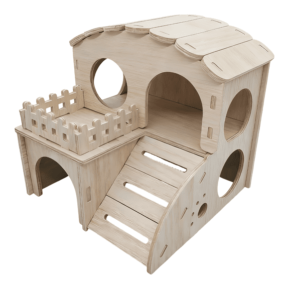 Wooden Hamster House, 2-Story Small Animal Hideout with Balcony, Guinea Pig Cage Accessories, Safe and Long-Term Wood Material, Easy-to-Assemble Design, 6.7 x 6.5 x 6.7 in