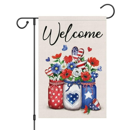 VOCHIC 4th of July Garden Flag 12x18 Double Sided, Small Burlap Welcome Patriotic Floral Garden Yard House Flags for Memorial Veterans Independence Day Outdoor Decor (Only Flag)