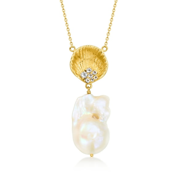 Ross-Simons 13-16mm Cultured Baroque Pearl and Seashell Necklace With .40 ct. t.w. White Topaz in 18kt Gold Over Sterling, Women's, Adult