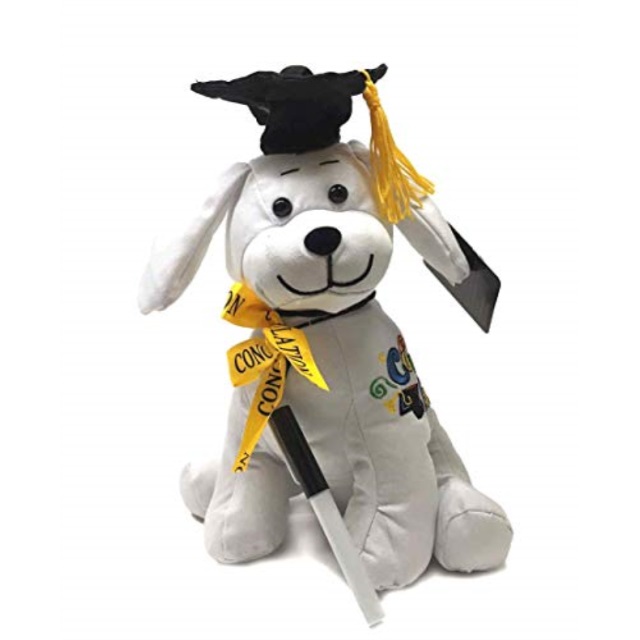 graduation autograph dog with pen, black hat congrats grad! 10.5"h