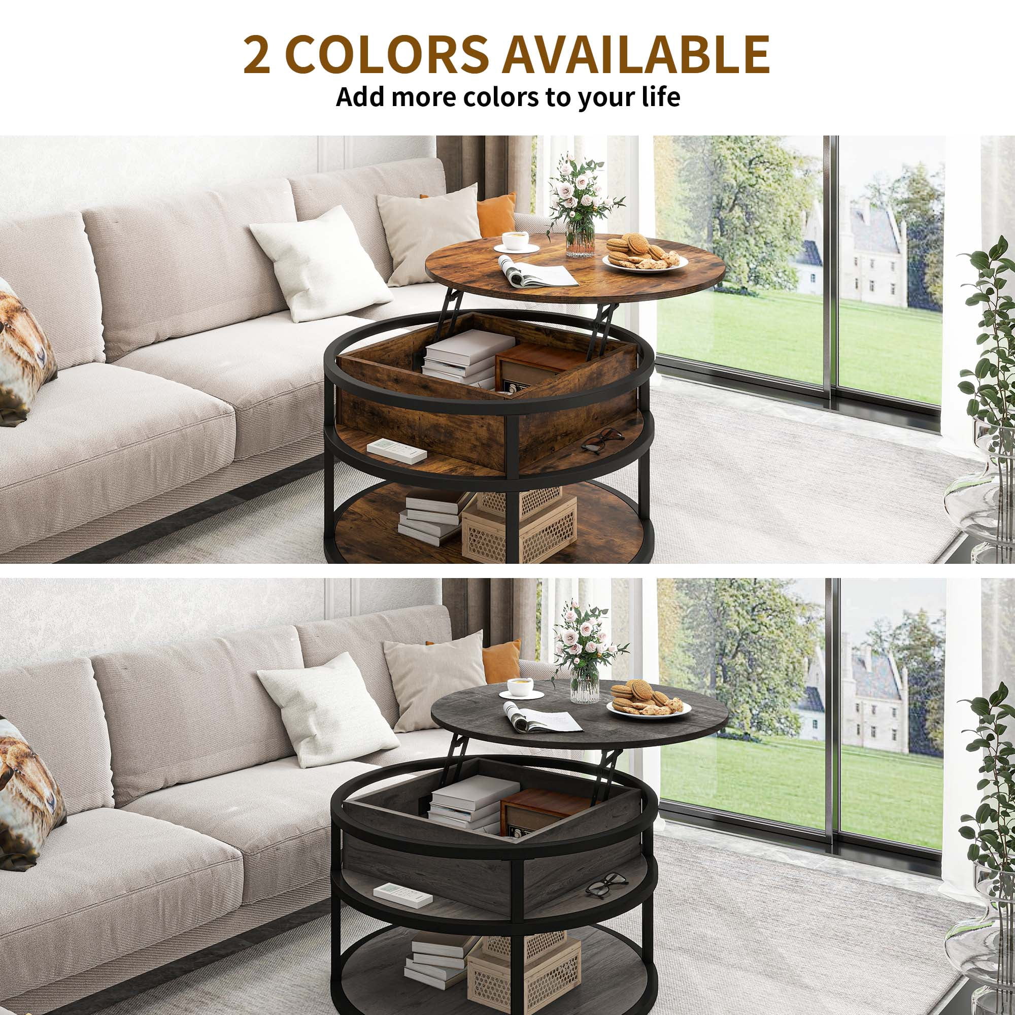 Uforic 3-Tier Round Coffee Table with Lift Top and Hidden Storage for Living Room, Brown