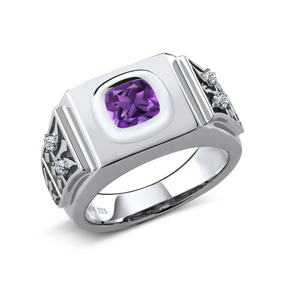 Gem Stone King Men's 925 Sterling Silver Purple Amethyst and White Topaz Ring (2.09 Cttw, Cushion 8MM, Size 12)