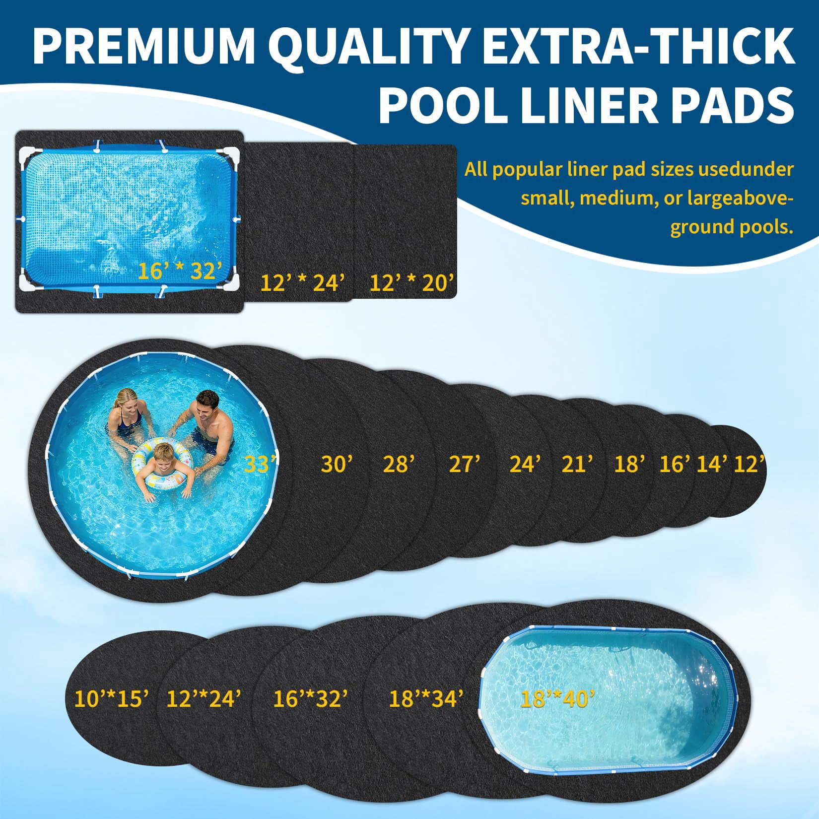Non-Woven Pool Liner Pad,16x32 Heavy Duty Geotextile Fabric for Above Ground Pools, Puncture & Weed Barrier, Eco-Friendly, Multiple Sizes for Oval