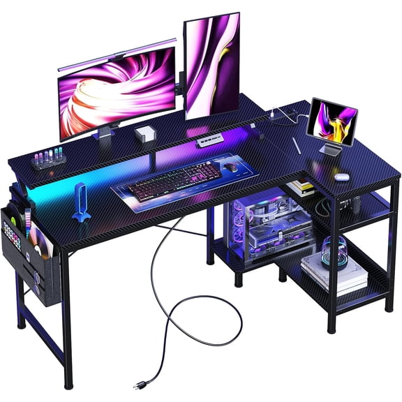 JIOABL 40" L-Shaped Gaming Desk with LED Lights, USB & Type-C Charging, Storage Shelves, Monitor Stand, for Home Office, Black