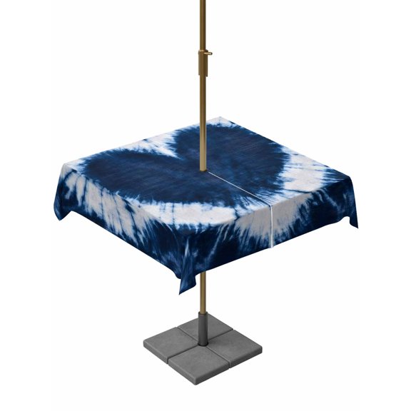 Outdoor Table Cloth with Umbrella Hole and Zipper, Blue Love Heart Waterproof Square Tablecloth 54"x54", Boho Ethnic Modern Funny Tie Dye Art Washable Table Cover for Outside Party Patio Picnic
