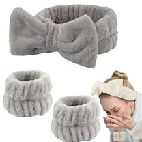 New 3Pcs Spa Headband Wrist Washband Set for Women Washing Face, Fluffy Skincare Elastic Bowknot Hairbands for Spa Yoga Sports Shower (Gray)