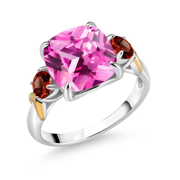 Gem Stone King 925 Silver and 10K Yellow Gold Pink Created Sapphire and Red Garnet 3 Stone Ring for Women (5.54 Cttw, Gemstone September Birthstone, Cushion 10MM, Round 4MM, Size 6)