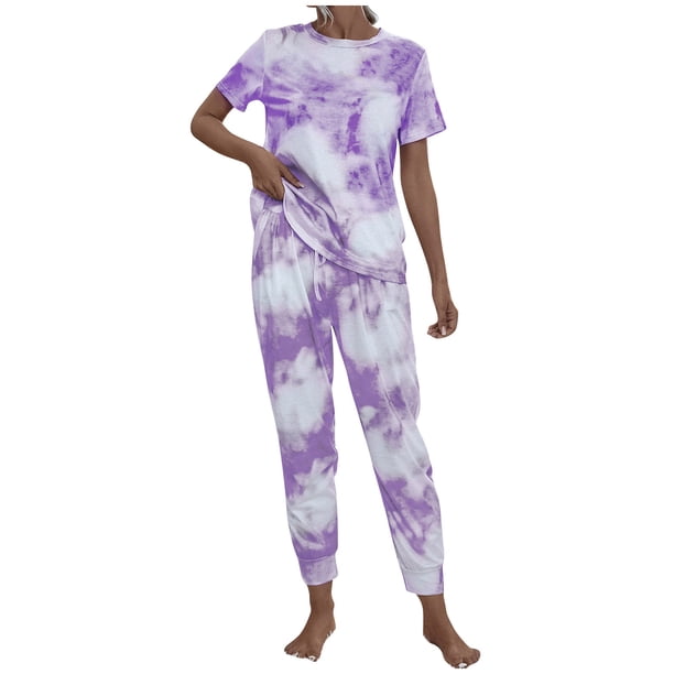 Pantalones Casuales de las Mujeres Imprimen Manga Corta Cuello Redondo Superior Y Pantalones Largos de Cintura Elástica, Juego Deportivo Casual