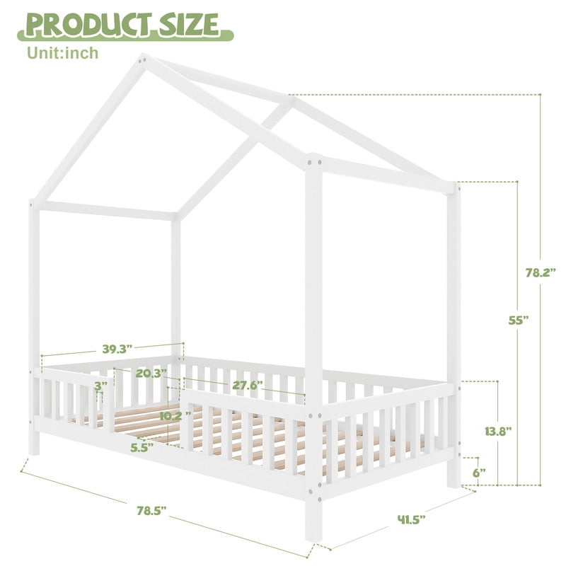 Mirightone Twin Toddler Bed Frame with Rails, Montessori Floor Bed, Wood House Twin Canopy Bed Frame, Twin Bed Frame for Girls Boys, White