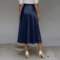 thumbnail image 4 of Morttic Women's Elegant Solid Color Silky Satin A-Line Midi Skirt – High Waist Flowy Swing Skirt with Hidden Side Pockets Navy Blue，L, 4 of 5