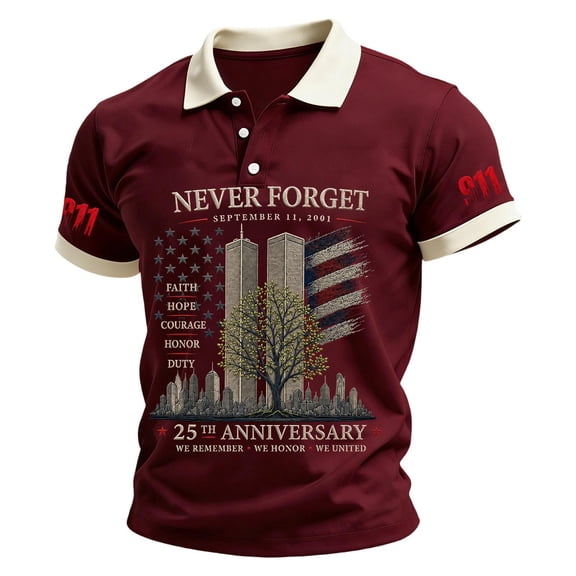 Hsovts 25th Anniversary Mens 9/11 Memorial Never Forget Polo Shirt US Flag Twin Towers Graphic Short Sleeve Patriotic Daily Tshirt Shirts Wine 2xL