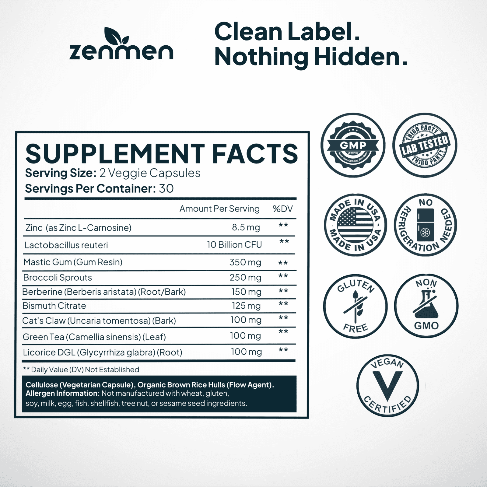 Zenmen Daily Gut & H Pylori Infection Support-Herbal with Zinc,60 Vegan Capsules,Sugar-Free,USA Made