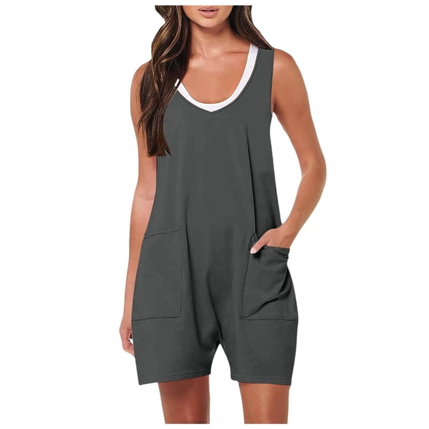 Mono sin mangas informal de verano para mujer - Mono holgado con bolsillos, color liso, poliéster, ropa de otoño/invierno
