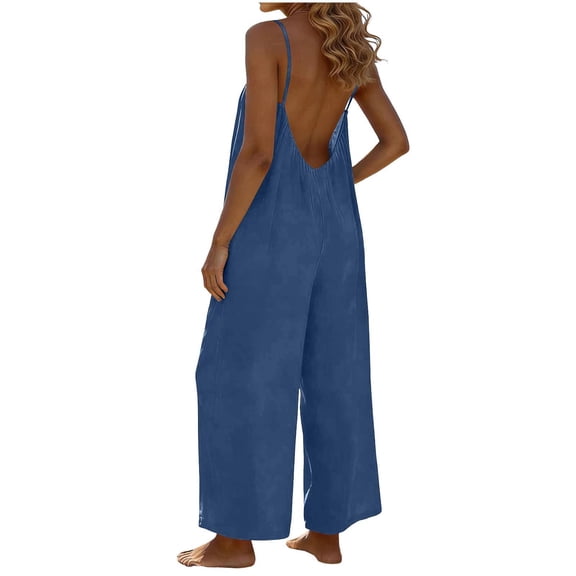 Summer Backless Jumpsuits Womens Casual Vacation Wide Leg Spaghetti Strap Rompers Beach Vacation Clothes Navy, 2XL
