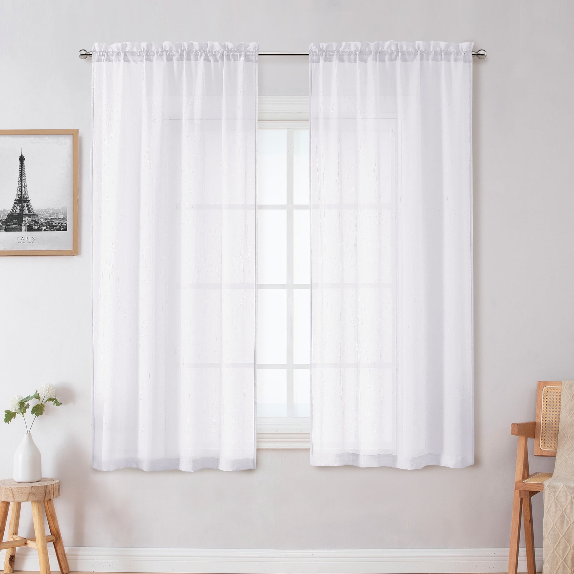 OVZME Crushed White Sheer Curtains 42x63 (2 Panels)
