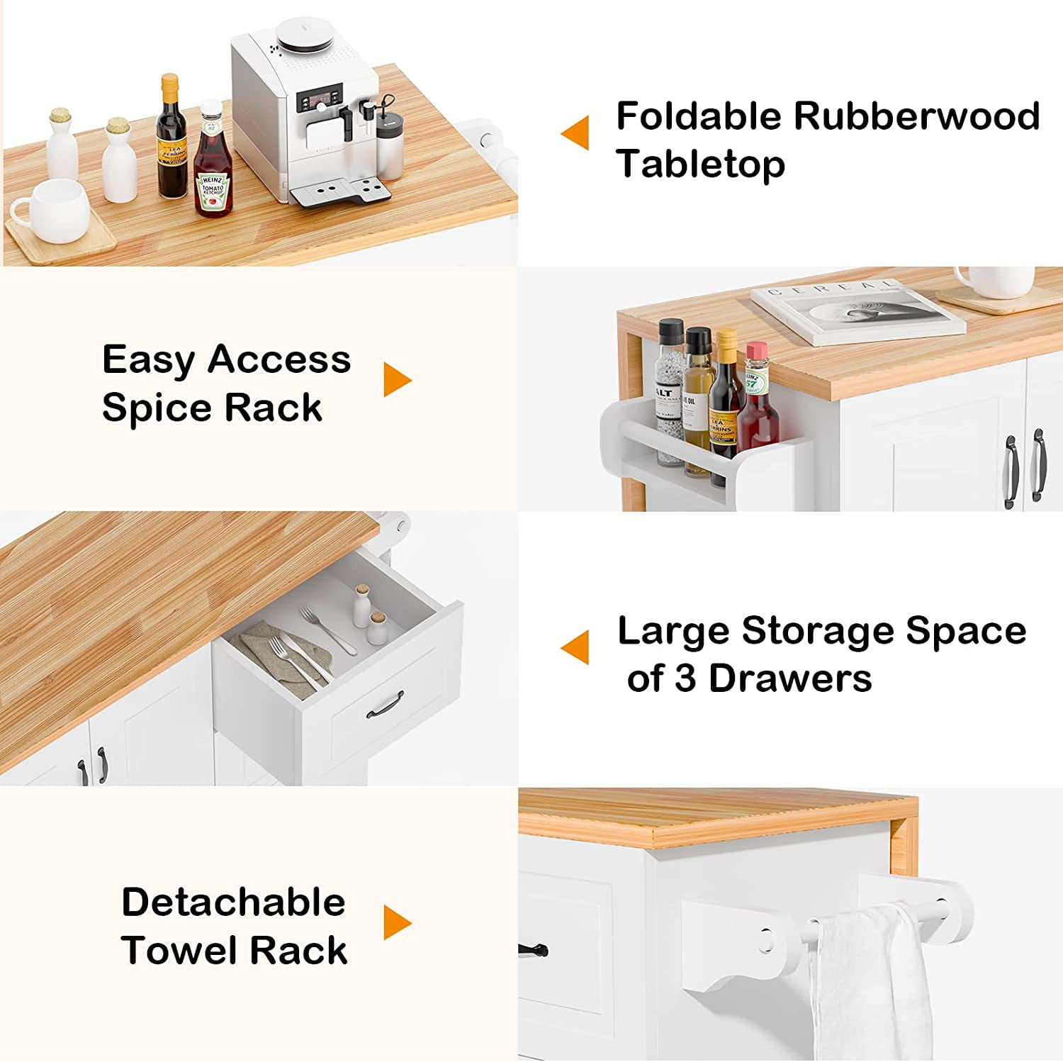 DreamCurship Kitchen Island on Wheels, Drop Leaf Kitchen Island Cart with Storage, Wood Countertop, Lockable Casters, White