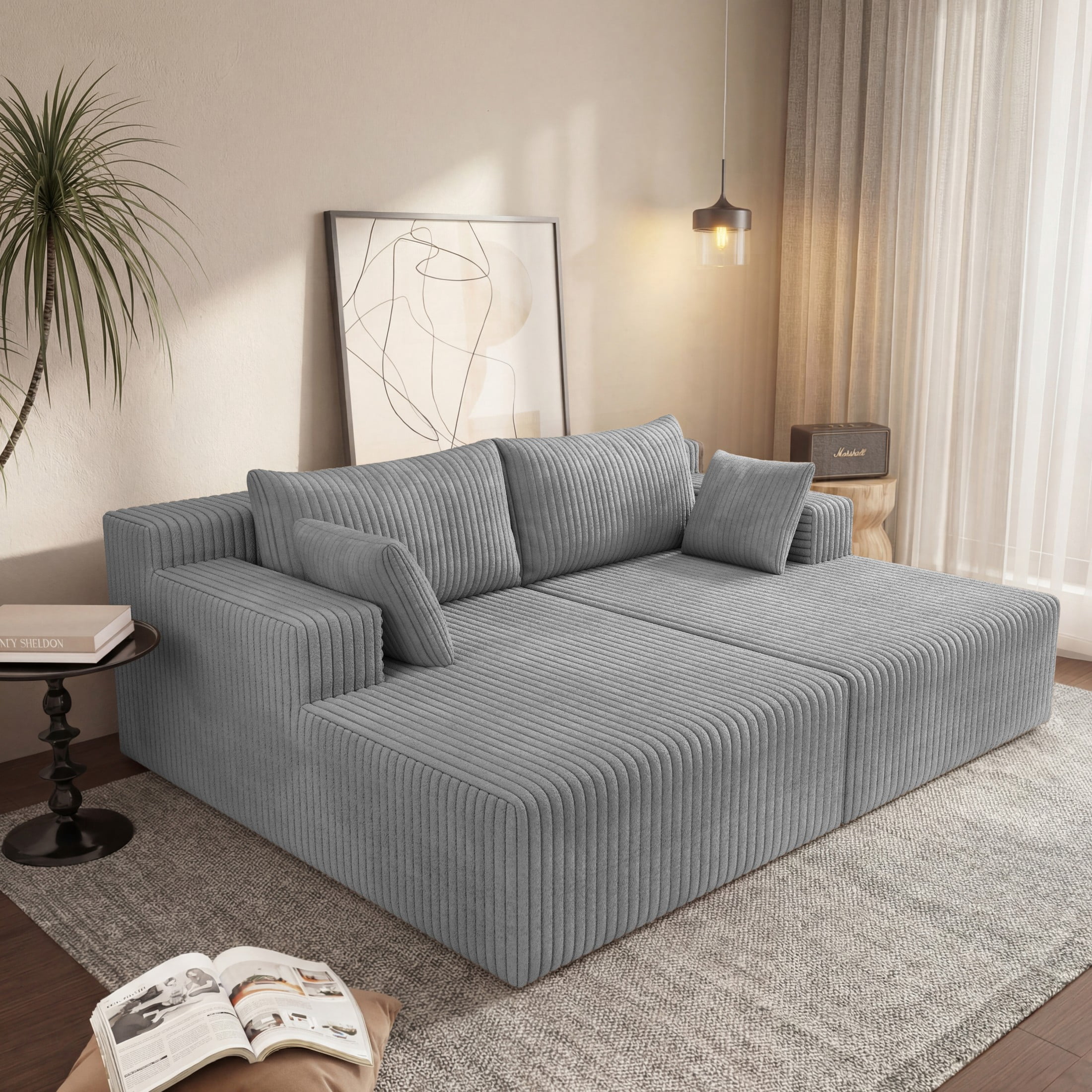 Aukfa 71" Oversized Double Chaise Lounge Indoor, Modular Boneless Cloud Couch Sleeper Loveseat, Deep Seat Corduroy Sofa Bed, No Assembly Required for Living Room Bedroom, Gray