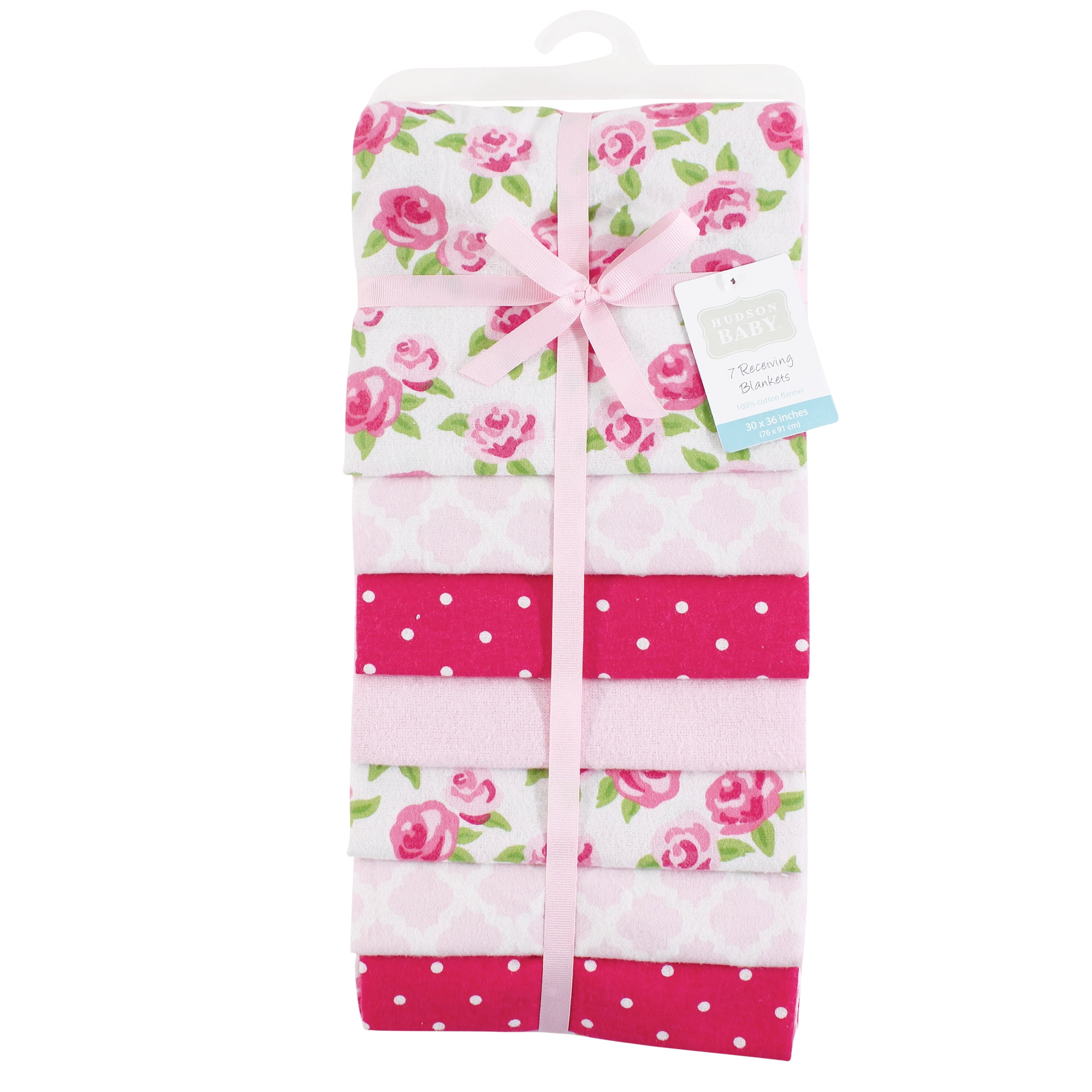 Little Treasure Hudson Baby Girls Cotton Poly Flannel Receiving Blankets 7-Pack, Pink Rose, 30x30 inches
