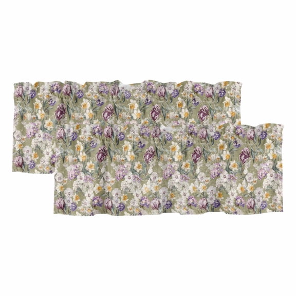2 Pack Valances for Window, Dark Sage Green Botanical Short Curtains for Kitchen Bedroom Living Room, Spring Floral Summer Botanical Retro Small Window Treatment Valance Drapes 42 x 12 Inch