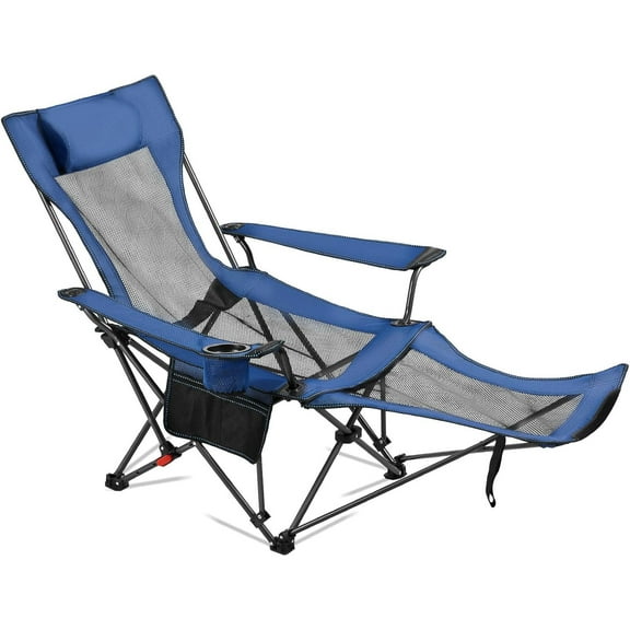 Reclining Camping Chair, 4 Adjustable Positions, Portable Folding Lounger for Adults, Mesh Beach Chair with Headrest & Foot Rest, Supports 220 lbs, Heavy Duty Camp Chairs for Patio, Blue