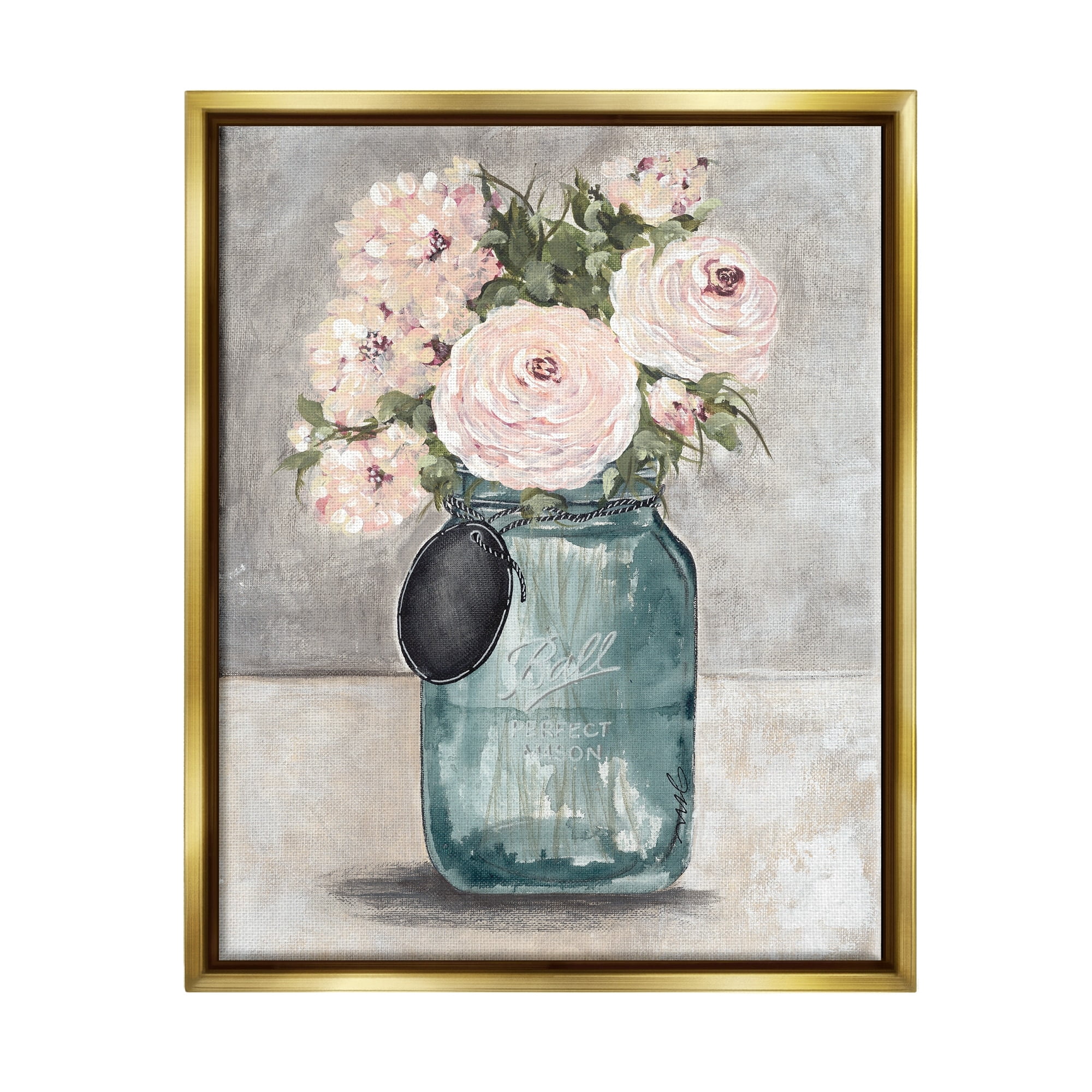 Stupell Industries Round Pink Blossoms Rustic Country Jar Vase Painting Metallic Gold Floating Framed Canvas Print Wall Art, Design by Julie Norkus