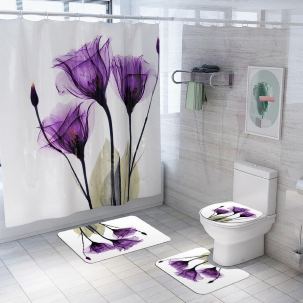Red Rose Flower Waterproof Shower Curtain Bathroom Bath Mat Toilet Cover Rug Set 