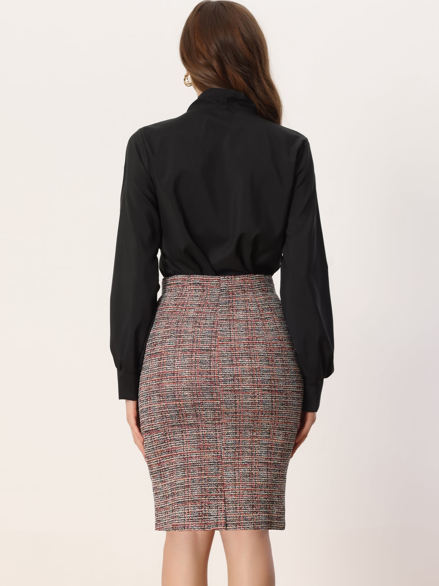 DARING DIVA Women's Tweed High Waist Plaid Pencil Skirts M Burgundy