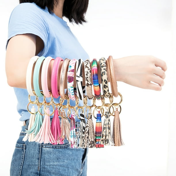 2 PCS Women Girls Large Circle Key Ring Leather Tassel Bracelet
