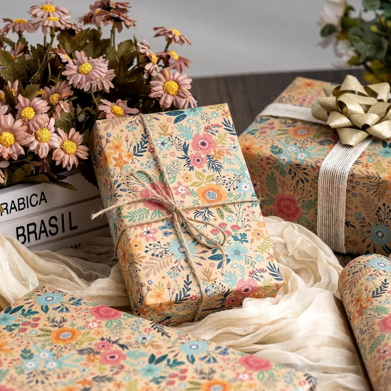 HOMERAL Colorful Floral Kraft Wrapping Paper Roll, 17" x 33' photo 5